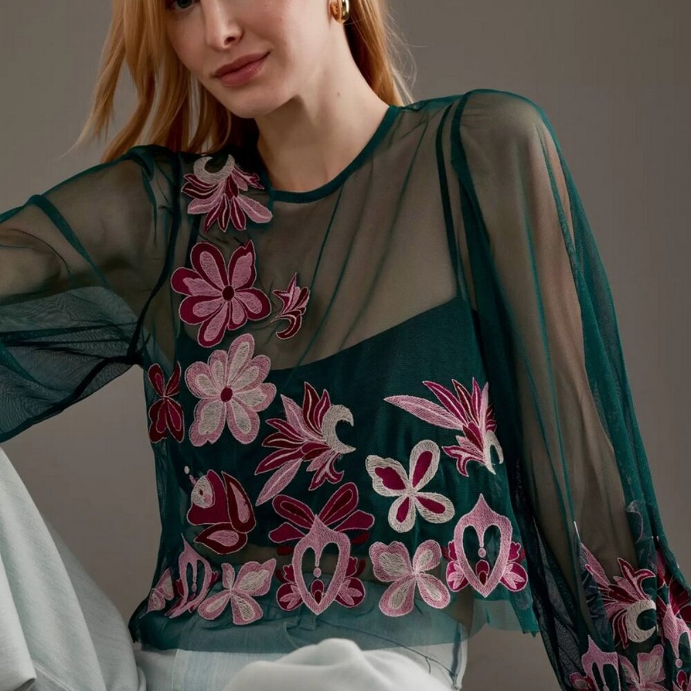 By Anthropologie Long-Sleeve Embroidered Mesh Top size XS nwt - Picture 5 of 9